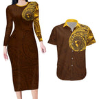 Personalized Hawthorn Hawks Polynesian Couples Matching Long Sleeve Bodycon Dress and Hawaiian Shirt Tribal Chest and Sleeve Tattoo Heritage Warrior