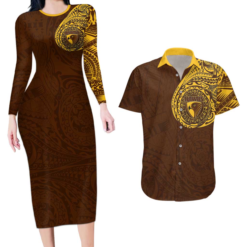 Personalized Hawthorn Hawks Polynesian Couples Matching Long Sleeve Bodycon Dress and Hawaiian Shirt Tribal Chest and Sleeve Tattoo Heritage Warrior