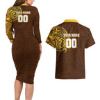 Personalized Hawthorn Hawks Polynesian Couples Matching Long Sleeve Bodycon Dress and Hawaiian Shirt Tribal Chest and Sleeve Tattoo Heritage Warrior