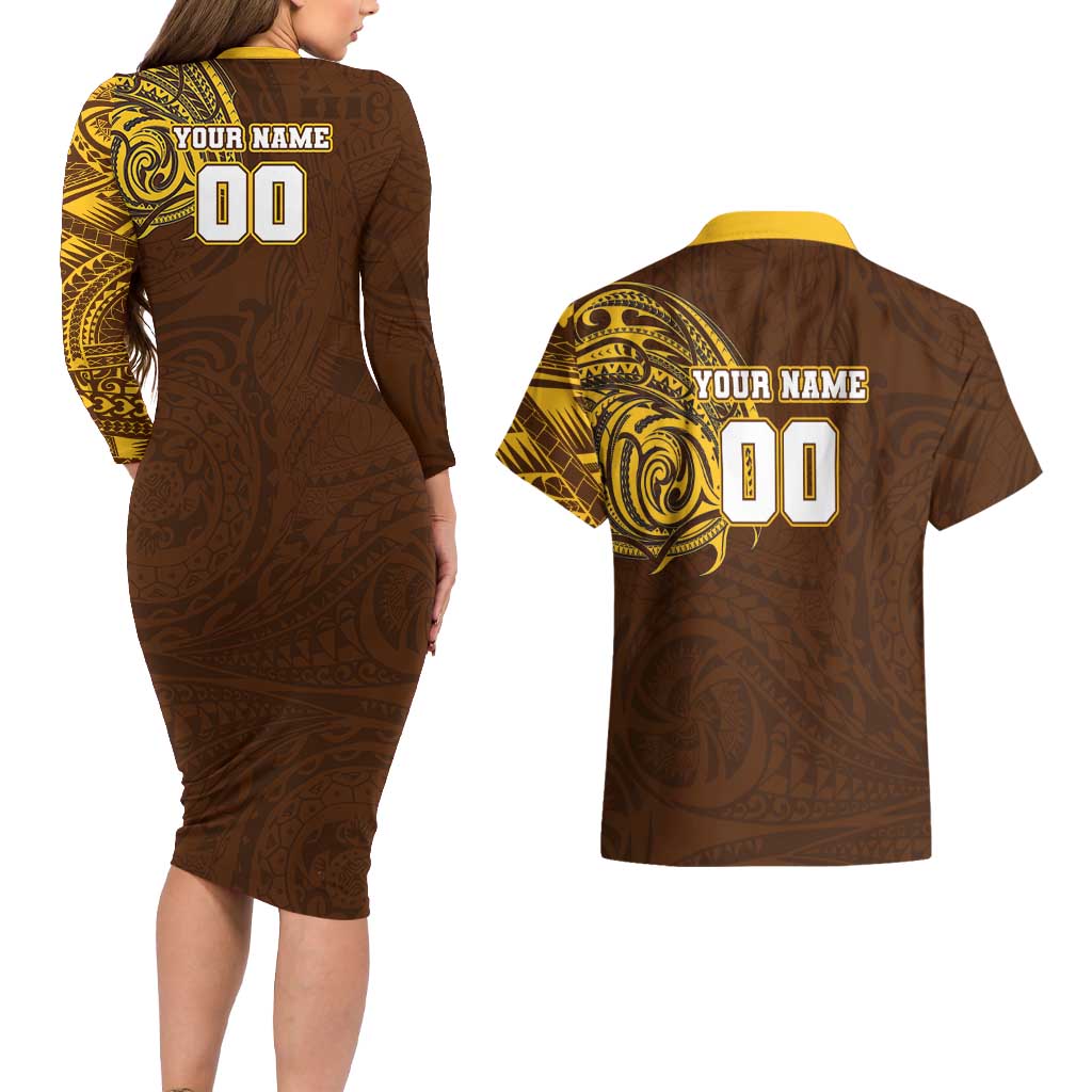 Personalized Hawthorn Hawks Polynesian Couples Matching Long Sleeve Bodycon Dress and Hawaiian Shirt Tribal Chest and Sleeve Tattoo Heritage Warrior