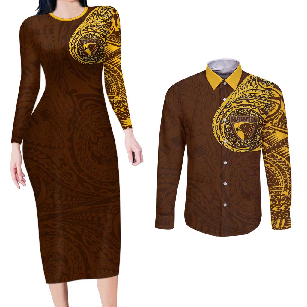 Personalized Hawthorn Hawks Polynesian Couples Matching Long Sleeve Bodycon Dress and Long Sleeve Button Shirt Tribal Chest and Sleeve Tattoo Heritage Warrior