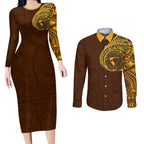 Personalized Hawthorn Hawks Polynesian Couples Matching Long Sleeve Bodycon Dress and Long Sleeve Button Shirt Tribal Chest and Sleeve Tattoo Heritage Warrior