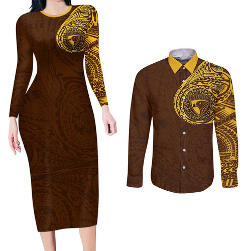 Personalized Hawthorn Hawks Polynesian Couples Matching Long Sleeve Bodycon Dress and Long Sleeve Button Shirt Tribal Chest and Sleeve Tattoo Heritage Warrior