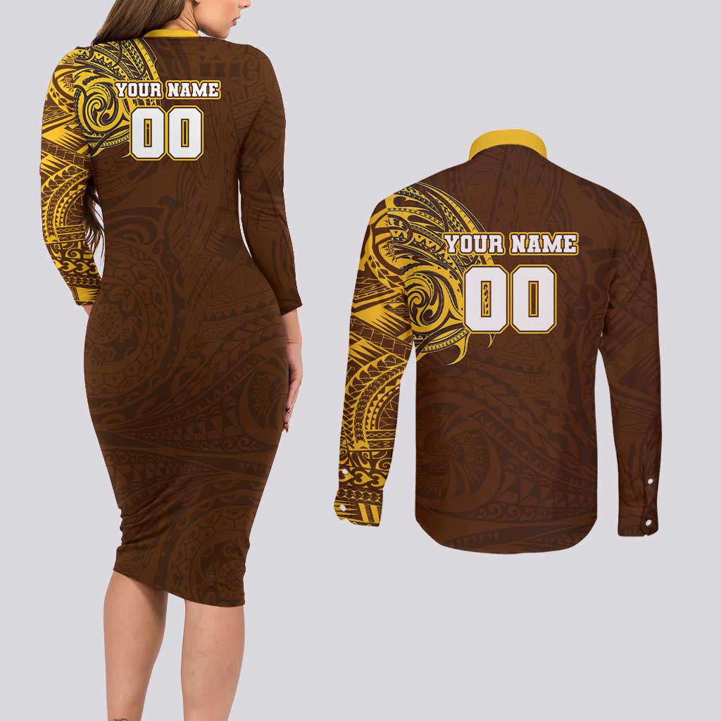 Personalized Hawthorn Hawks Polynesian Couples Matching Long Sleeve Bodycon Dress and Long Sleeve Button Shirt Tribal Chest and Sleeve Tattoo Heritage Warrior