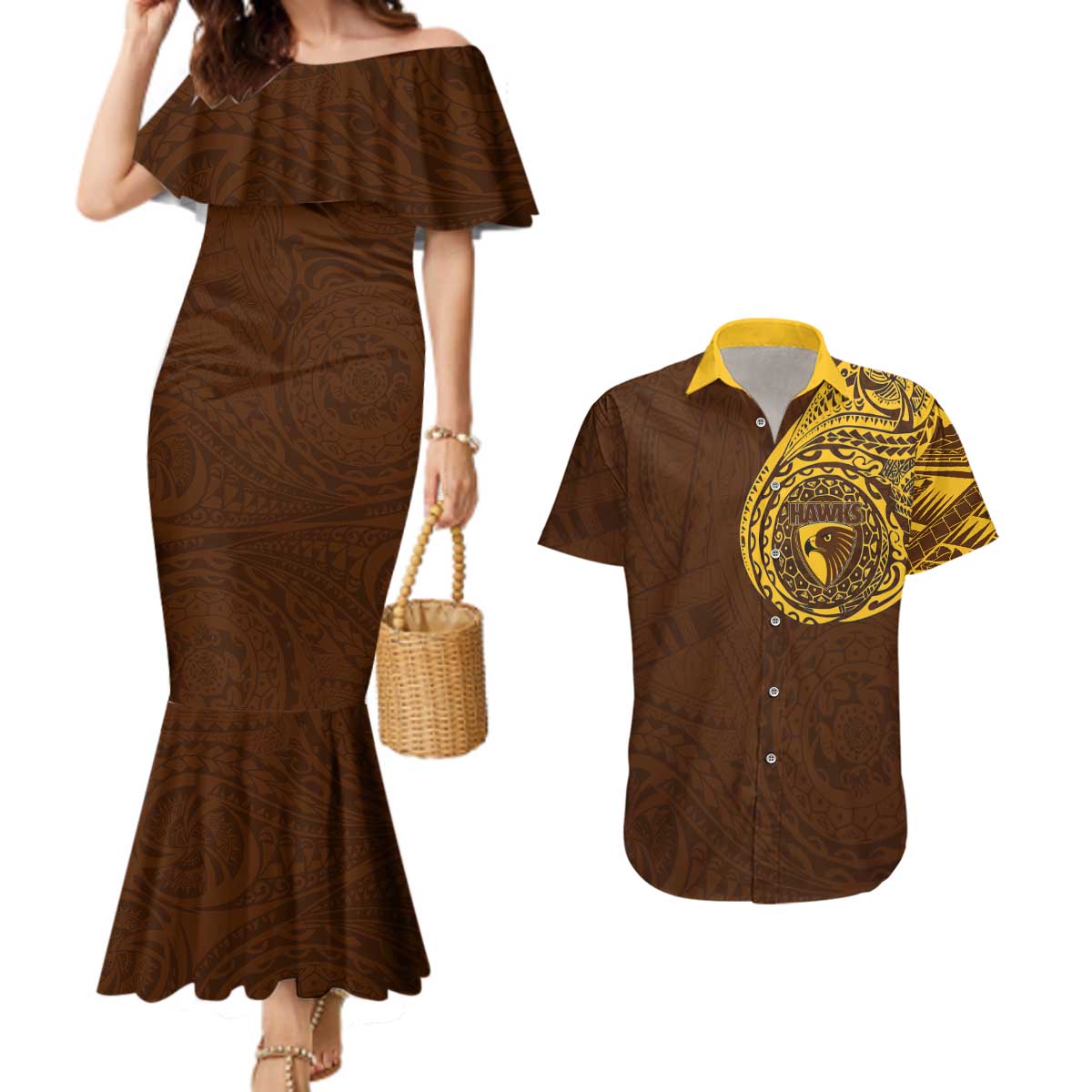 Personalized Hawthorn Hawks Polynesian Couples Matching Mermaid Dress and Hawaiian Shirt Tribal Chest and Sleeve Tattoo Heritage Warrior