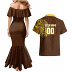 Personalized Hawthorn Hawks Polynesian Couples Matching Mermaid Dress and Hawaiian Shirt Tribal Chest and Sleeve Tattoo Heritage Warrior