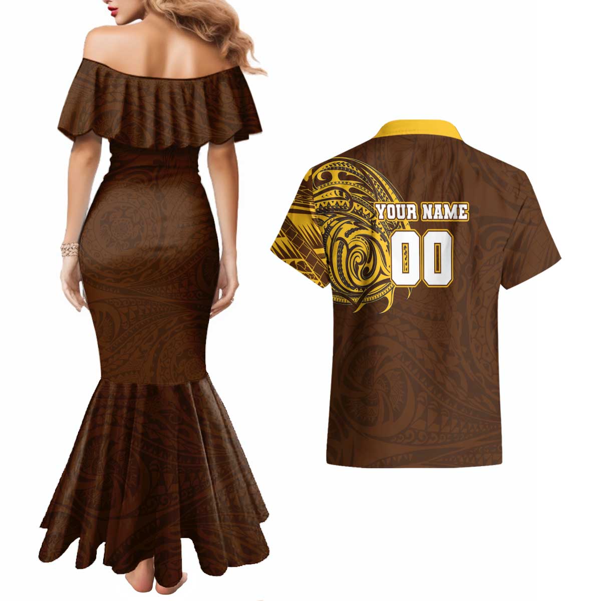 Personalized Hawthorn Hawks Polynesian Couples Matching Mermaid Dress and Hawaiian Shirt Tribal Chest and Sleeve Tattoo Heritage Warrior