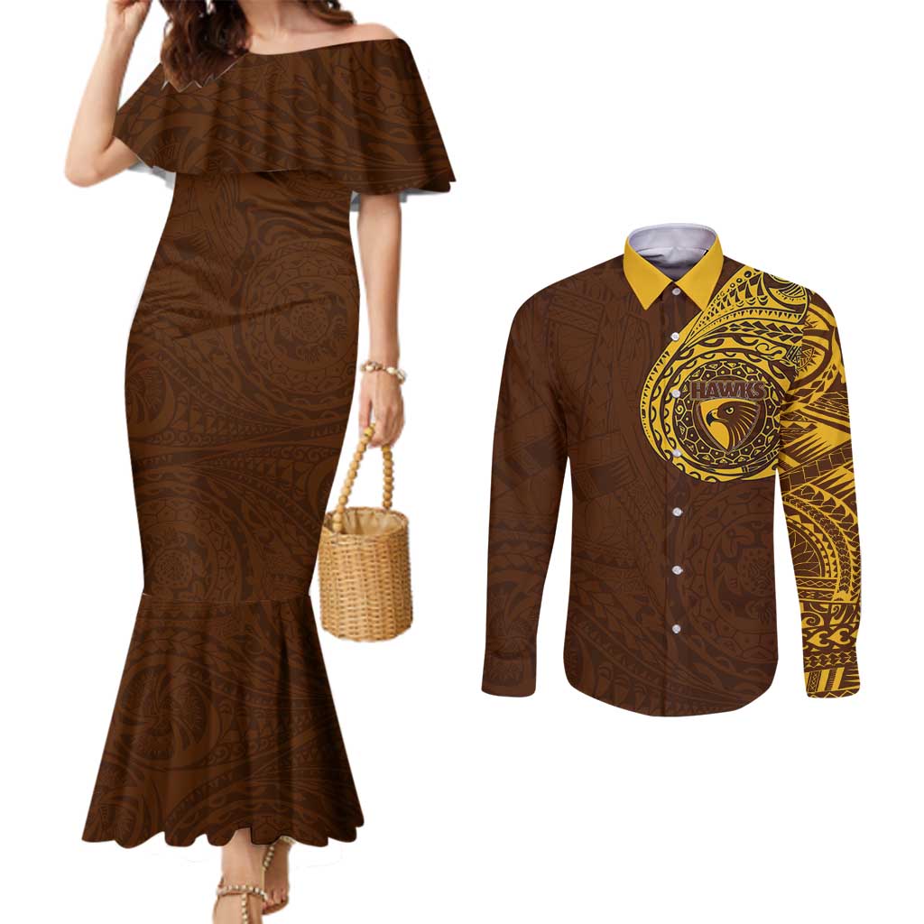 Personalized Hawthorn Hawks Polynesian Couples Matching Mermaid Dress and Long Sleeve Button Shirt Tribal Chest and Sleeve Tattoo Heritage Warrior