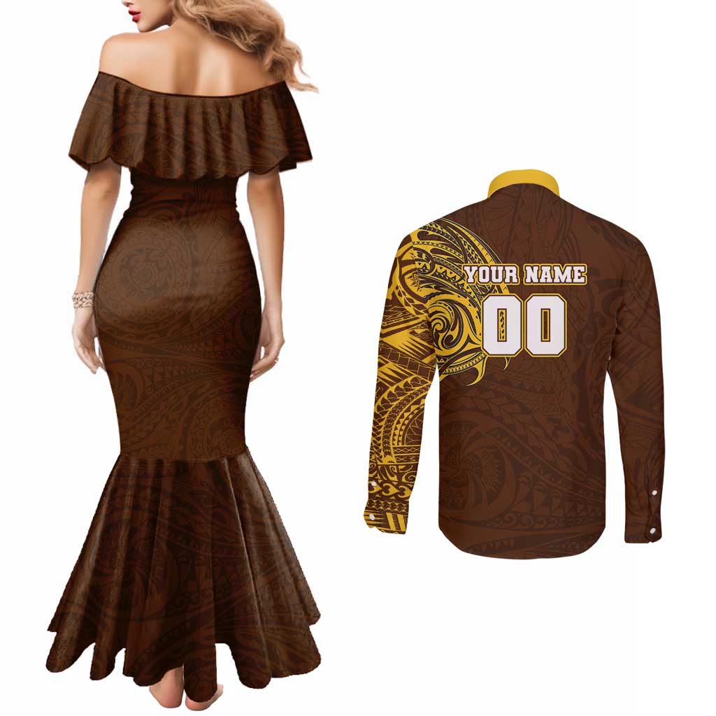 Personalized Hawthorn Hawks Polynesian Couples Matching Mermaid Dress and Long Sleeve Button Shirt Tribal Chest and Sleeve Tattoo Heritage Warrior