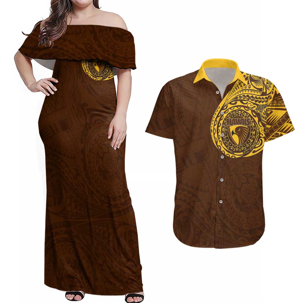Personalized Hawthorn Hawks Polynesian Couples Matching Off Shoulder Maxi Dress and Hawaiian Shirt Tribal Chest and Sleeve Tattoo Heritage Warrior