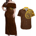 Personalized Hawthorn Hawks Polynesian Couples Matching Off Shoulder Maxi Dress and Hawaiian Shirt Tribal Chest and Sleeve Tattoo Heritage Warrior