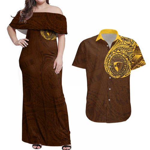 Personalized Hawthorn Hawks Polynesian Couples Matching Off Shoulder Maxi Dress and Hawaiian Shirt Tribal Chest and Sleeve Tattoo Heritage Warrior