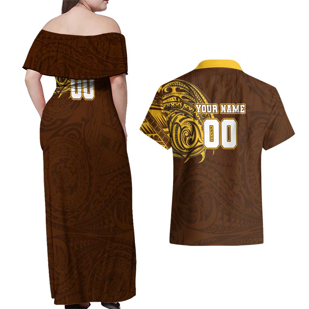 Personalized Hawthorn Hawks Polynesian Couples Matching Off Shoulder Maxi Dress and Hawaiian Shirt Tribal Chest and Sleeve Tattoo Heritage Warrior