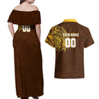 Personalized Hawthorn Hawks Polynesian Couples Matching Off Shoulder Maxi Dress and Hawaiian Shirt Tribal Chest and Sleeve Tattoo Heritage Warrior