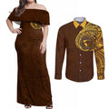 Personalized Hawthorn Hawks Polynesian Couples Matching Off Shoulder Maxi Dress and Long Sleeve Button Shirt Tribal Chest and Sleeve Tattoo Heritage Warrior