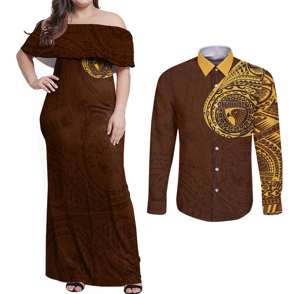 Personalized Hawthorn Hawks Polynesian Couples Matching Off Shoulder Maxi Dress and Long Sleeve Button Shirt Tribal Chest and Sleeve Tattoo Heritage Warrior