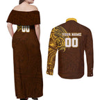 Personalized Hawthorn Hawks Polynesian Couples Matching Off Shoulder Maxi Dress and Long Sleeve Button Shirt Tribal Chest and Sleeve Tattoo Heritage Warrior
