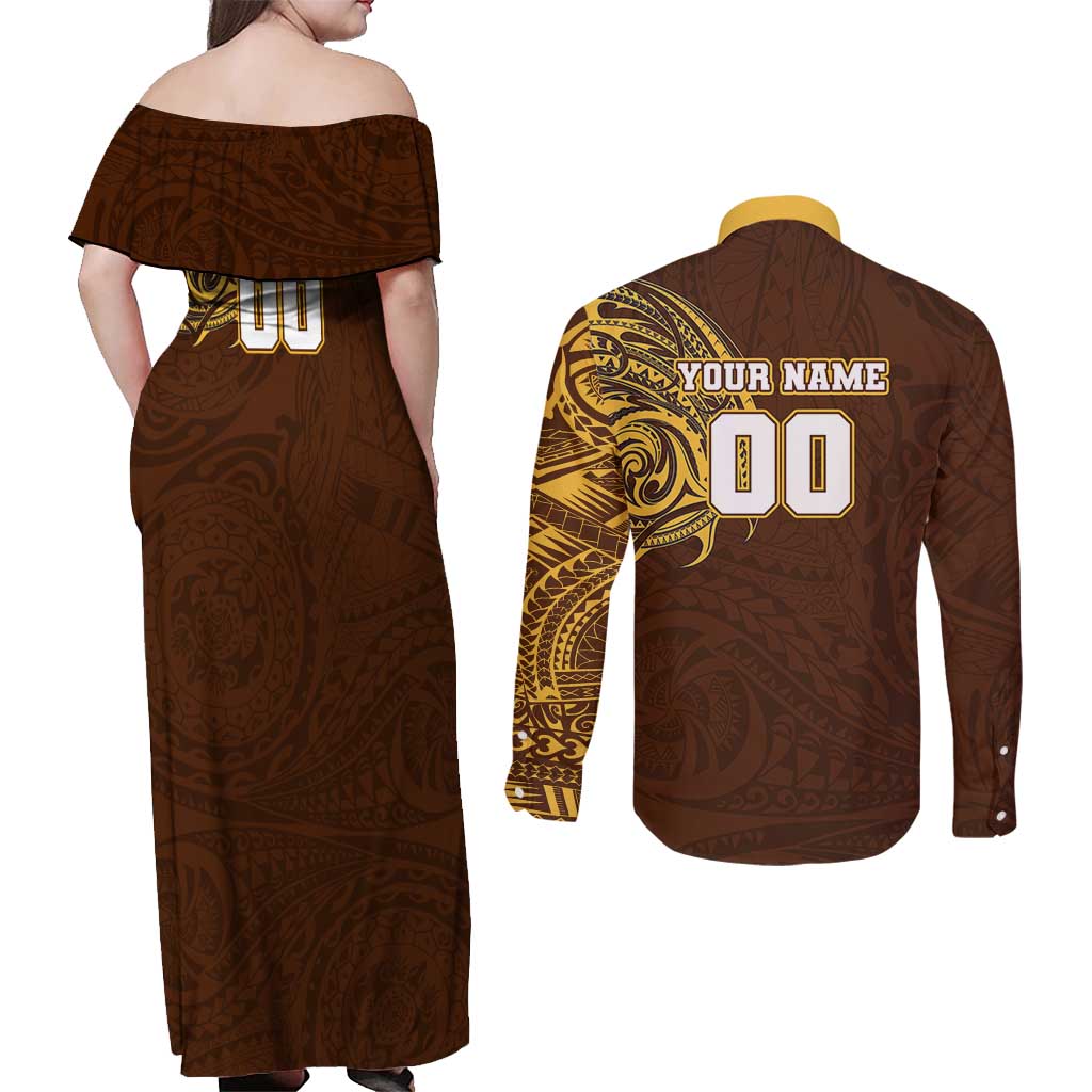 Personalized Hawthorn Hawks Polynesian Couples Matching Off Shoulder Maxi Dress and Long Sleeve Button Shirt Tribal Chest and Sleeve Tattoo Heritage Warrior