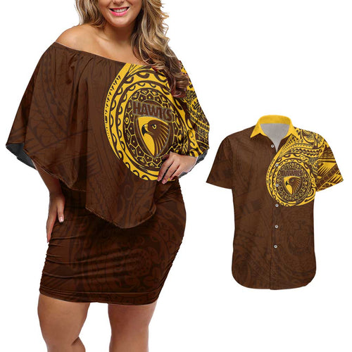 Personalized Hawthorn Hawks Polynesian Couples Matching Off Shoulder Short Dress and Hawaiian Shirt Tribal Chest and Sleeve Tattoo Heritage Warrior