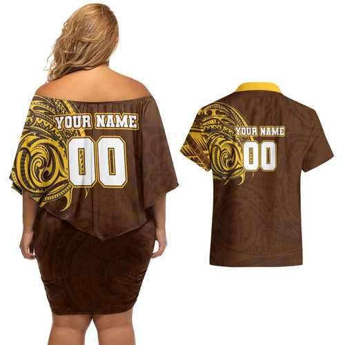 Personalized Hawthorn Hawks Polynesian Couples Matching Off Shoulder Short Dress and Hawaiian Shirt Tribal Chest and Sleeve Tattoo Heritage Warrior