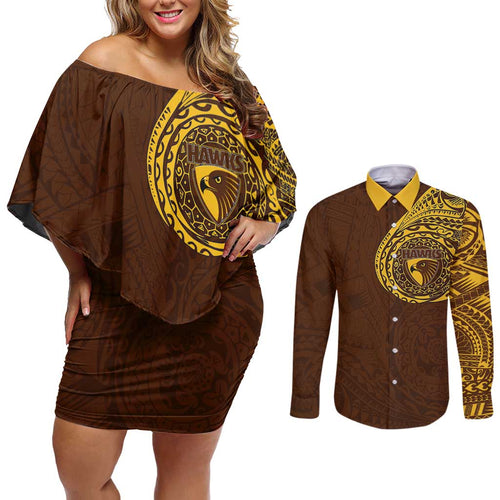 Personalized Hawthorn Hawks Polynesian Couples Matching Off Shoulder Short Dress and Long Sleeve Button Shirt Tribal Chest and Sleeve Tattoo Heritage Warrior