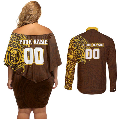 Personalized Hawthorn Hawks Polynesian Couples Matching Off Shoulder Short Dress and Long Sleeve Button Shirt Tribal Chest and Sleeve Tattoo Heritage Warrior