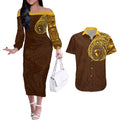 Personalized Hawthorn Hawks Polynesian Couples Matching Off The Shoulder Long Sleeve Dress and Hawaiian Shirt Tribal Chest and Sleeve Tattoo Heritage Warrior