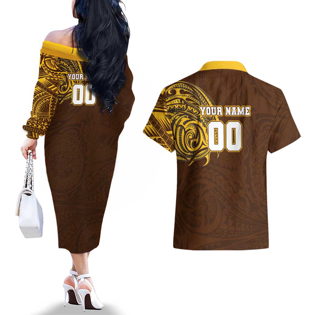 Personalized Hawthorn Hawks Polynesian Couples Matching Off The Shoulder Long Sleeve Dress and Hawaiian Shirt Tribal Chest and Sleeve Tattoo Heritage Warrior