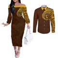 Personalized Hawthorn Hawks Polynesian Couples Matching Off The Shoulder Long Sleeve Dress and Long Sleeve Button Shirt Tribal Chest and Sleeve Tattoo Heritage Warrior