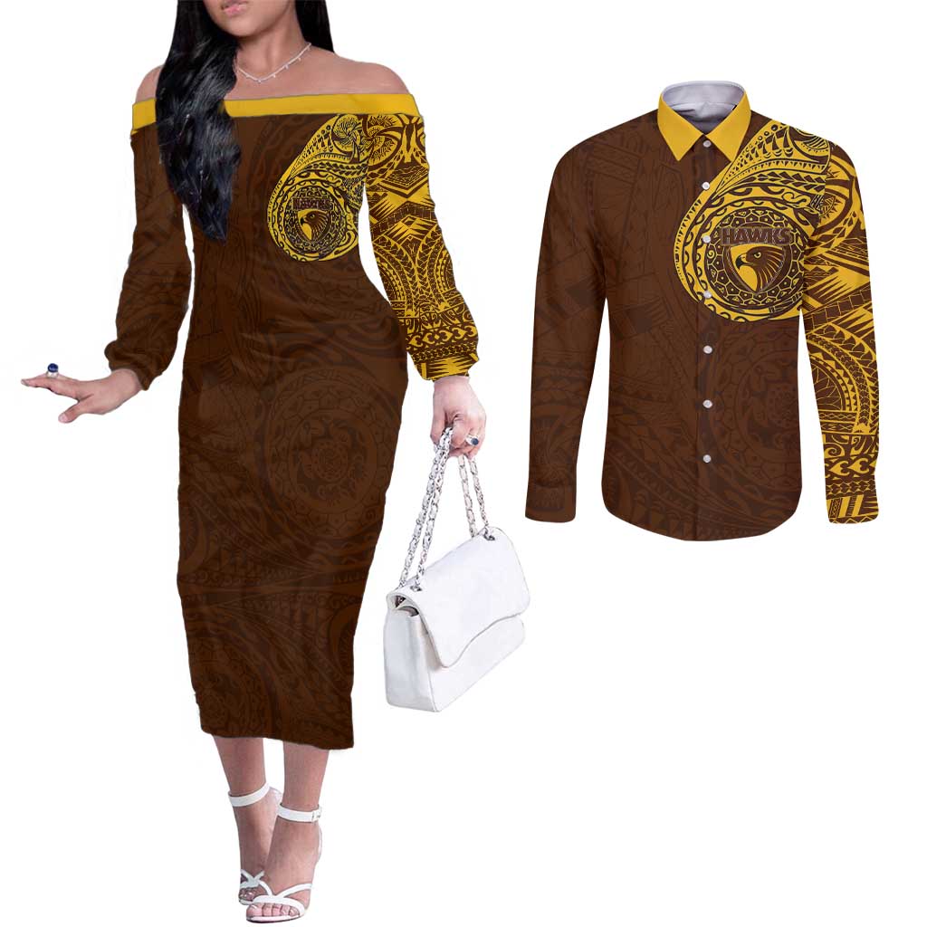 Personalized Hawthorn Hawks Polynesian Couples Matching Off The Shoulder Long Sleeve Dress and Long Sleeve Button Shirt Tribal Chest and Sleeve Tattoo Heritage Warrior
