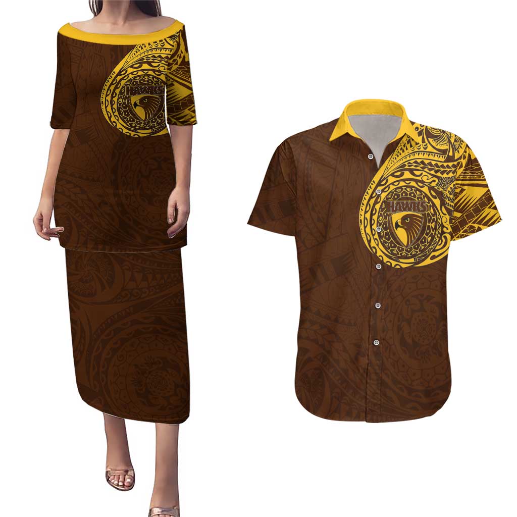 Personalized Hawthorn Hawks Polynesian Couples Matching Puletasi and Hawaiian Shirt Tribal Chest and Sleeve Tattoo Heritage Warrior