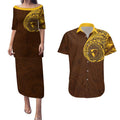 Personalized Hawthorn Hawks Polynesian Couples Matching Puletasi and Hawaiian Shirt Tribal Chest and Sleeve Tattoo Heritage Warrior