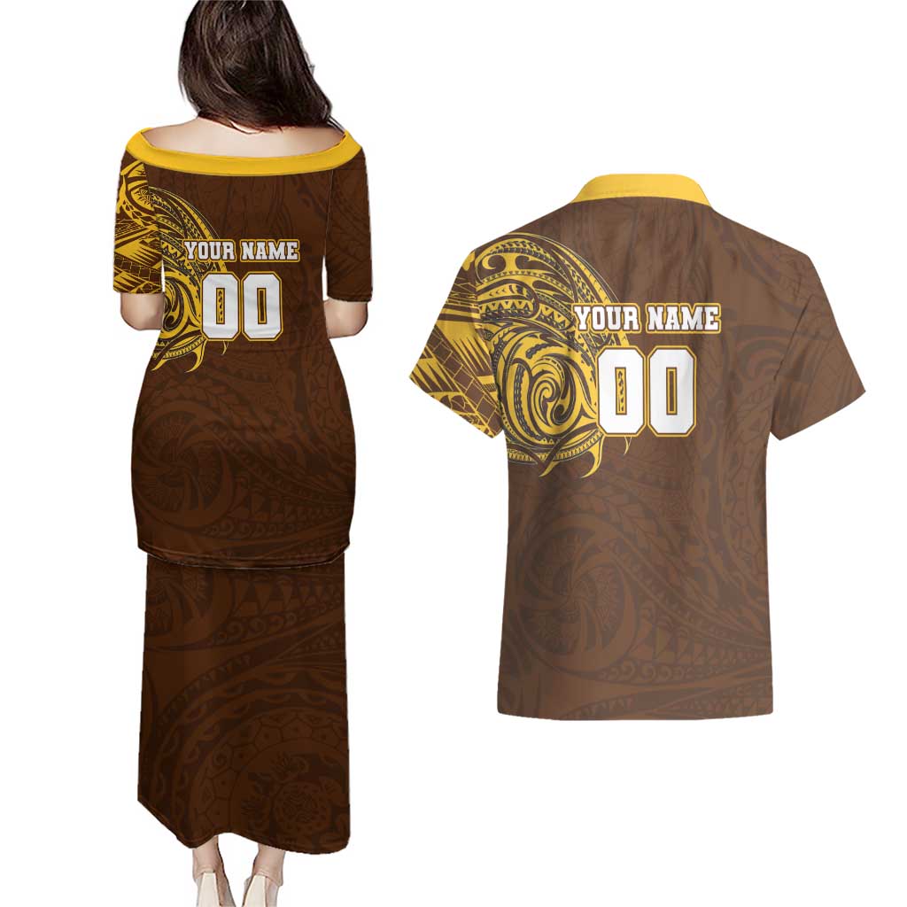 Personalized Hawthorn Hawks Polynesian Couples Matching Puletasi and Hawaiian Shirt Tribal Chest and Sleeve Tattoo Heritage Warrior