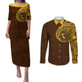 Personalized Hawthorn Hawks Polynesian Couples Matching Puletasi and Long Sleeve Button Shirt Tribal Chest and Sleeve Tattoo Heritage Warrior