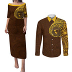Personalized Hawthorn Hawks Polynesian Couples Matching Puletasi and Long Sleeve Button Shirt Tribal Chest and Sleeve Tattoo Heritage Warrior