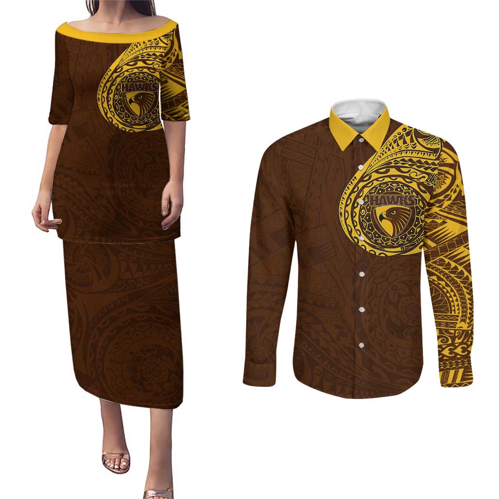 Personalized Hawthorn Hawks Polynesian Couples Matching Puletasi and Long Sleeve Button Shirt Tribal Chest and Sleeve Tattoo Heritage Warrior