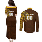 Personalized Hawthorn Hawks Polynesian Couples Matching Puletasi and Long Sleeve Button Shirt Tribal Chest and Sleeve Tattoo Heritage Warrior
