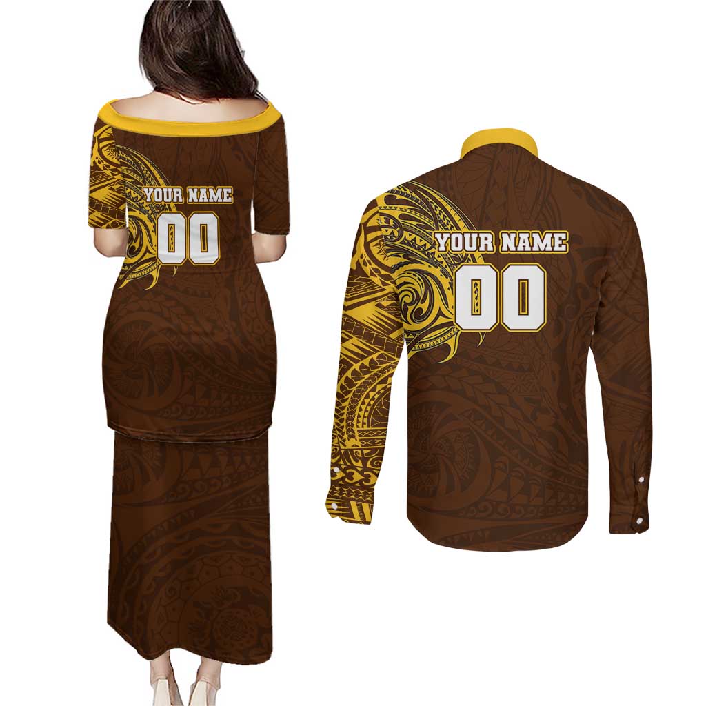Personalized Hawthorn Hawks Polynesian Couples Matching Puletasi and Long Sleeve Button Shirt Tribal Chest and Sleeve Tattoo Heritage Warrior