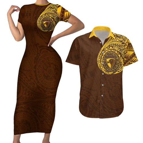 Personalized Hawthorn Hawks Polynesian Couples Matching Short Sleeve Bodycon Dress and Hawaiian Shirt Tribal Chest and Sleeve Tattoo Heritage Warrior