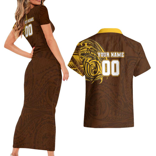 Personalized Hawthorn Hawks Polynesian Couples Matching Short Sleeve Bodycon Dress and Hawaiian Shirt Tribal Chest and Sleeve Tattoo Heritage Warrior