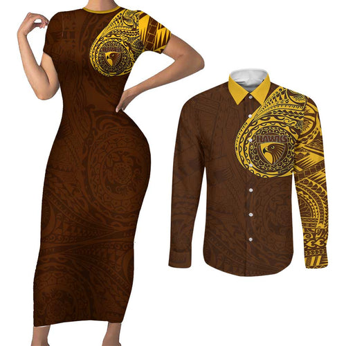 Personalized Hawthorn Hawks Polynesian Couples Matching Short Sleeve Bodycon Dress and Long Sleeve Button Shirt Tribal Chest and Sleeve Tattoo Heritage Warrior