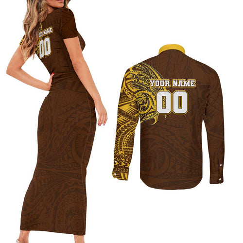 Personalized Hawthorn Hawks Polynesian Couples Matching Short Sleeve Bodycon Dress and Long Sleeve Button Shirt Tribal Chest and Sleeve Tattoo Heritage Warrior