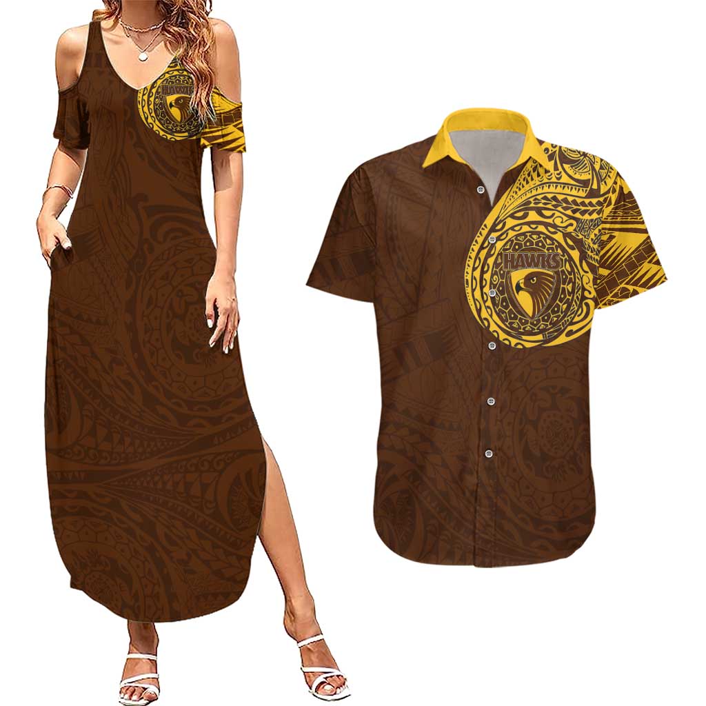 Personalized Hawthorn Hawks Polynesian Couples Matching Summer Maxi Dress and Hawaiian Shirt Tribal Chest and Sleeve Tattoo Heritage Warrior