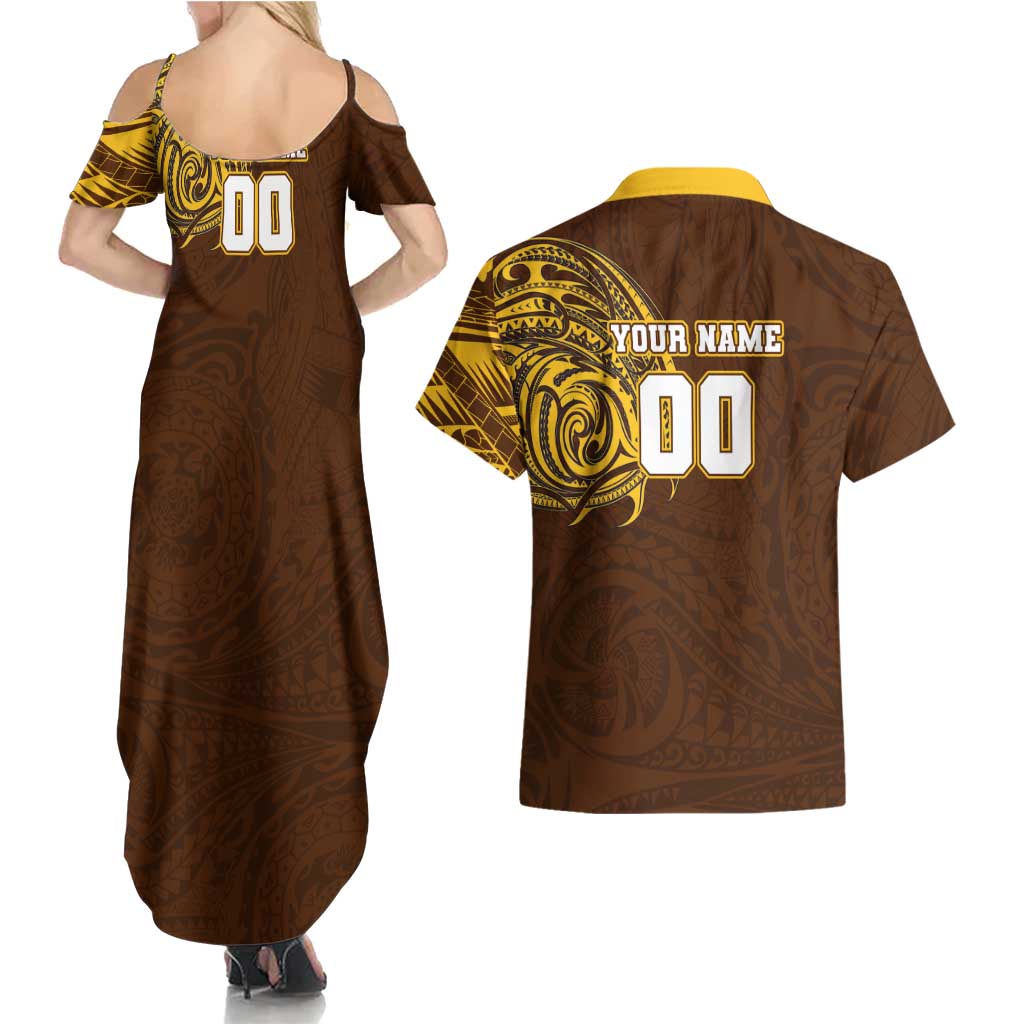 Personalized Hawthorn Hawks Polynesian Couples Matching Summer Maxi Dress and Hawaiian Shirt Tribal Chest and Sleeve Tattoo Heritage Warrior