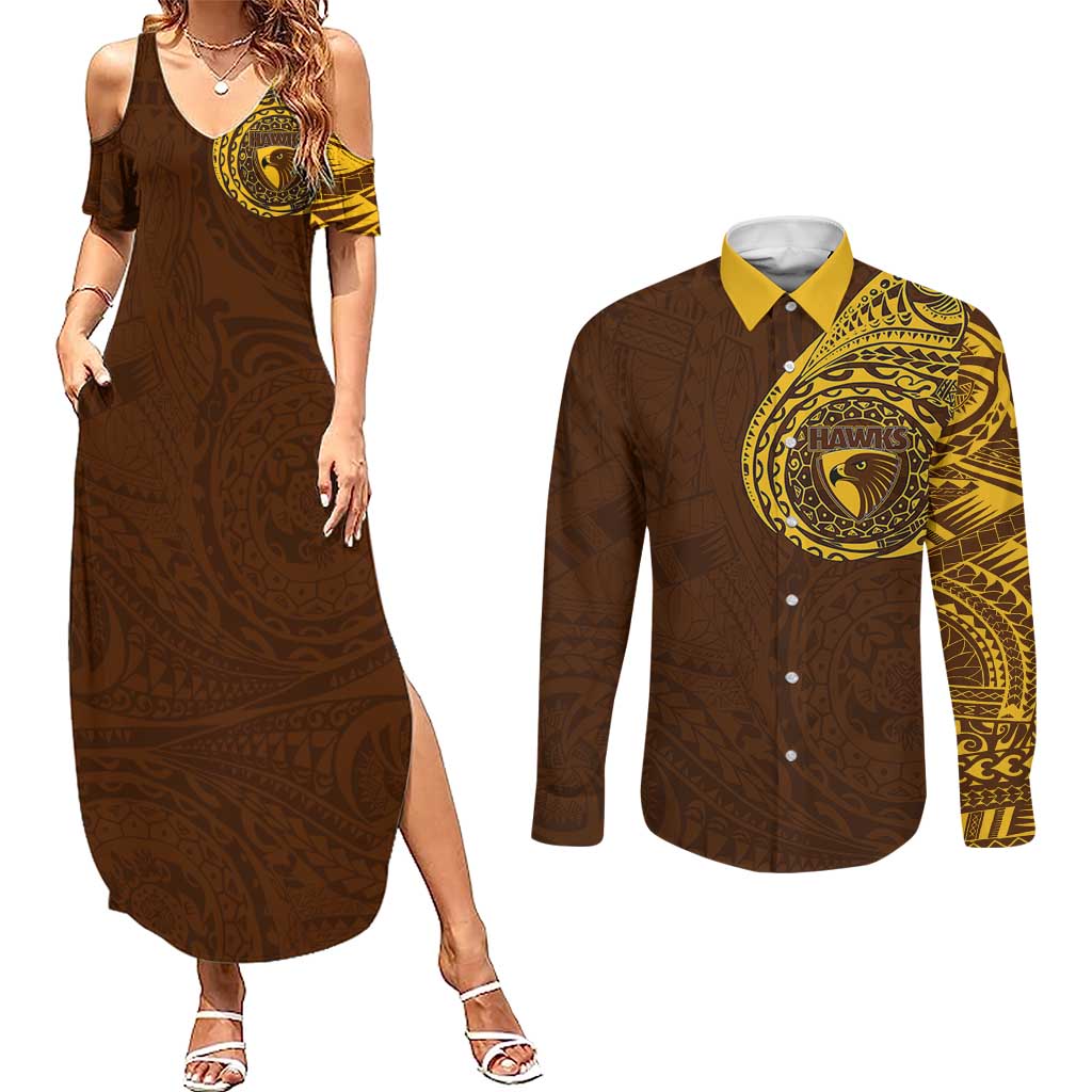Personalized Hawthorn Hawks Polynesian Couples Matching Summer Maxi Dress and Long Sleeve Button Shirt Tribal Chest and Sleeve Tattoo Heritage Warrior