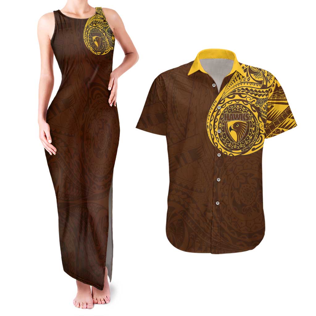 Personalized Hawthorn Hawks Polynesian Couples Matching Tank Maxi Dress and Hawaiian Shirt Tribal Chest and Sleeve Tattoo Heritage Warrior