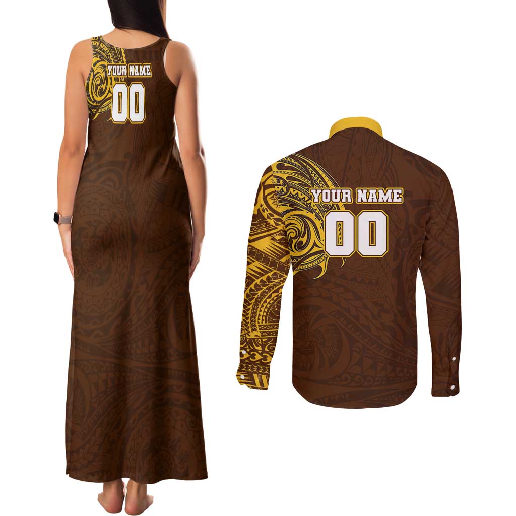 Personalized Hawthorn Hawks Polynesian Couples Matching Tank Maxi Dress and Long Sleeve Button Shirt Tribal Chest and Sleeve Tattoo Heritage Warrior