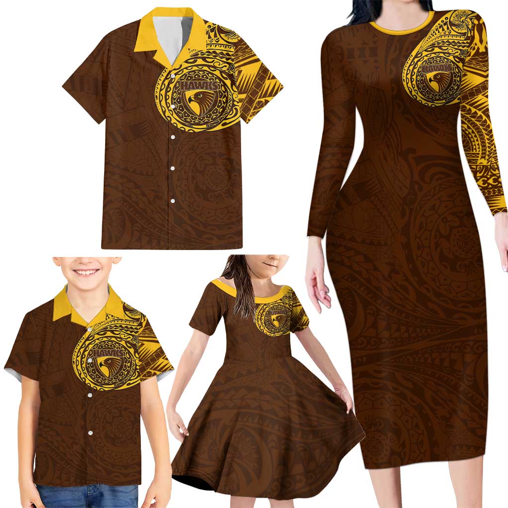 Personalized Hawthorn Hawks Polynesian Family Matching Long Sleeve Bodycon Dress and Hawaiian Shirt Tribal Chest and Sleeve Tattoo Heritage Warrior