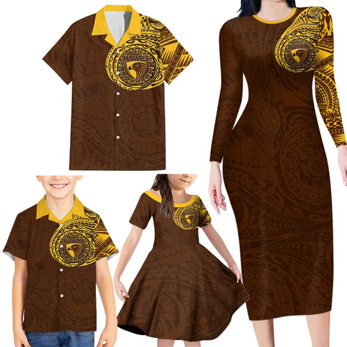 Personalized Hawthorn Hawks Polynesian Family Matching Long Sleeve Bodycon Dress and Hawaiian Shirt Tribal Chest and Sleeve Tattoo Heritage Warrior