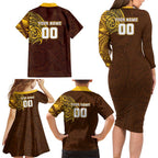 Personalized Hawthorn Hawks Polynesian Family Matching Long Sleeve Bodycon Dress and Hawaiian Shirt Tribal Chest and Sleeve Tattoo Heritage Warrior